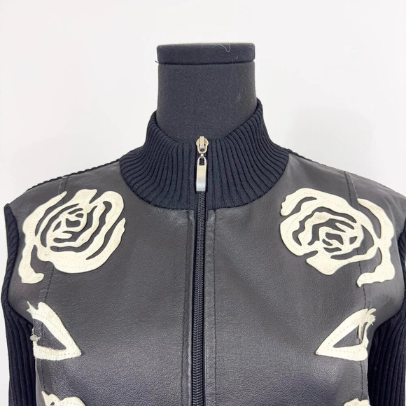 RARE VINTAGE KATHERINE BARCLAY LEATHER ZIP UP WITH ROSE LEATHER MOTIF JACKET - Picture 4 of 14